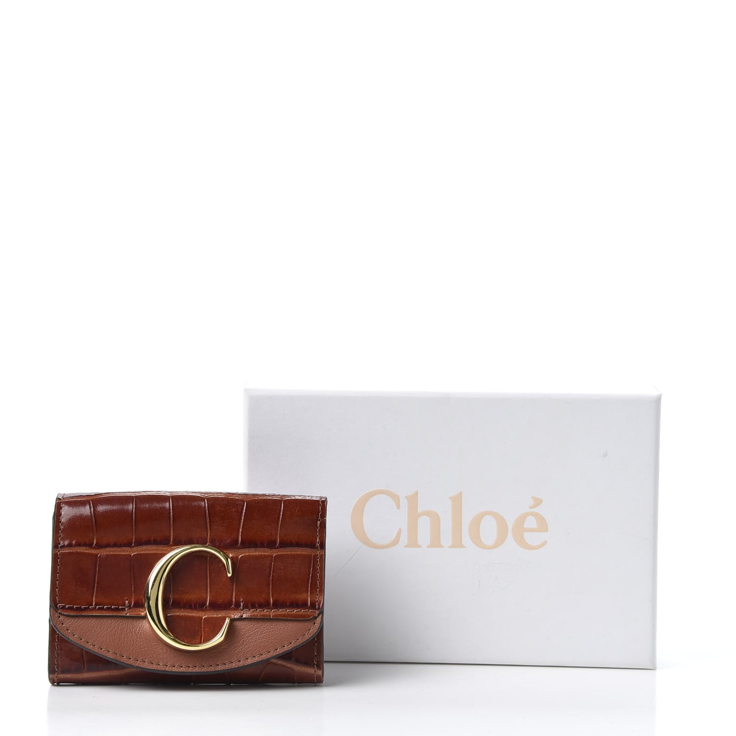 Crocodile Embossed Shiny Calfskin Small C Tri-Fold Wallet Chestnut Brown