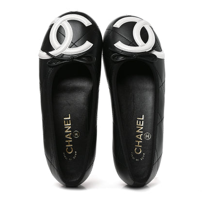 Chanel Lambskin Quilted CC Cambon Ballet Flats 37.5 Black White 2 of 9