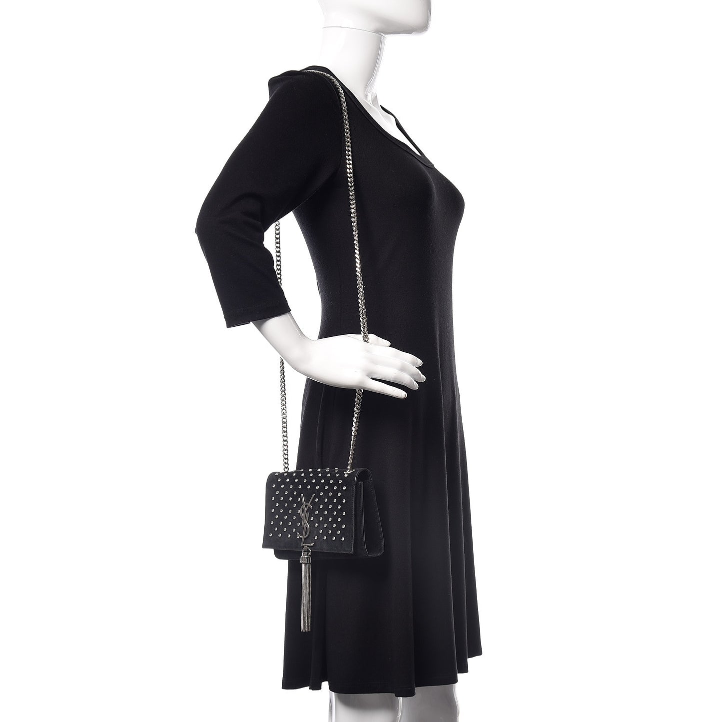 Suede Crystal Studded Small Classic Monogram Kate Tassel Satchel Black