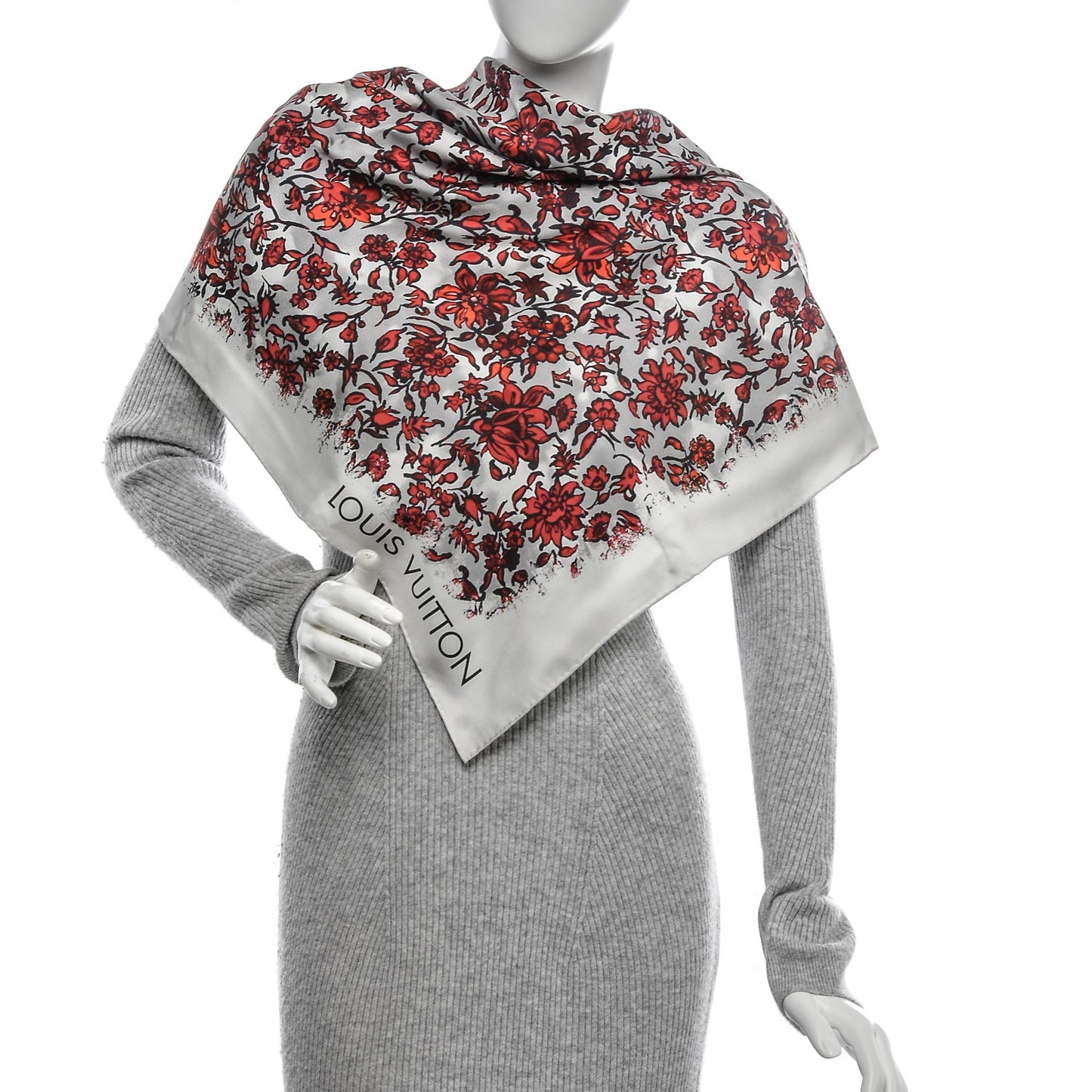 Silk Floral Square Scarf White Red