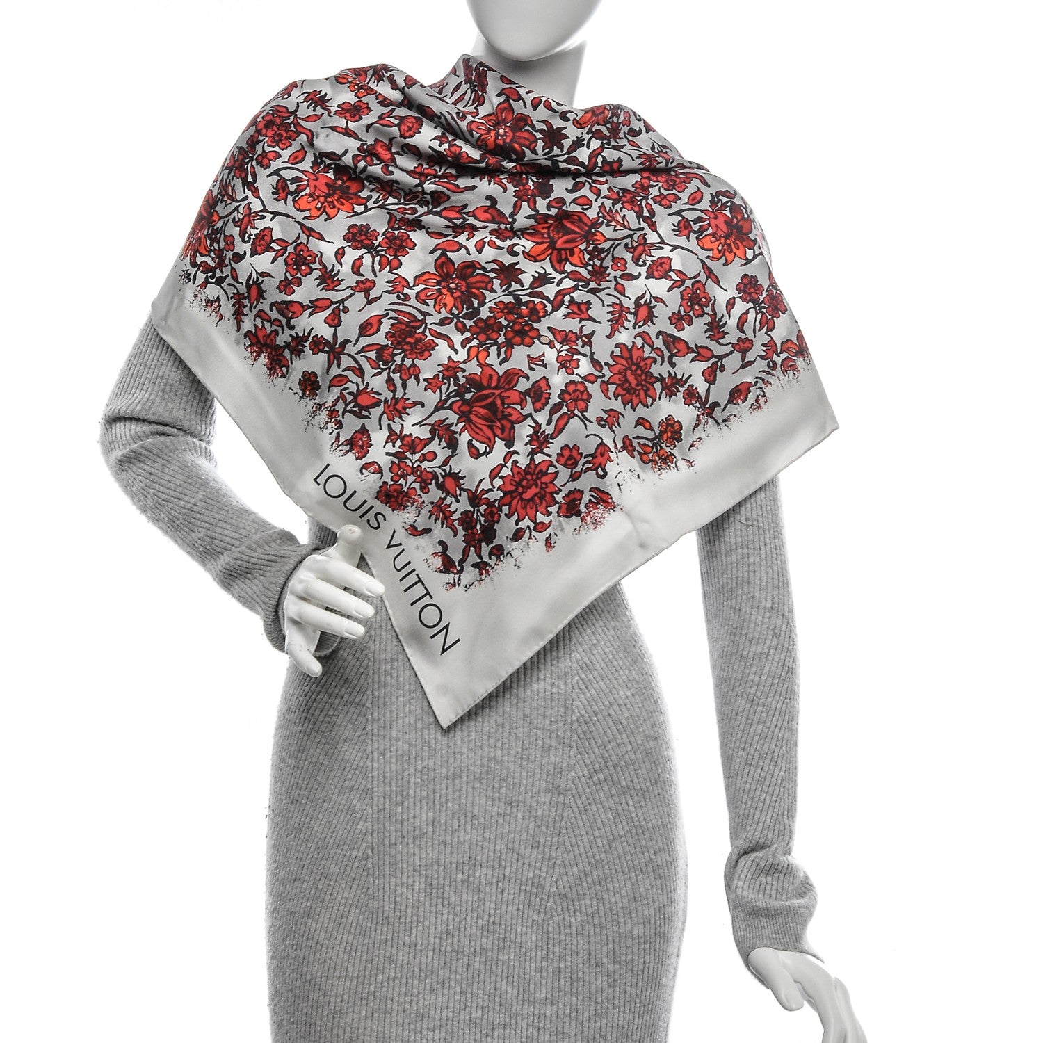 Louis Vuitton Silk Floral Square Scarf White Red 2 of 5