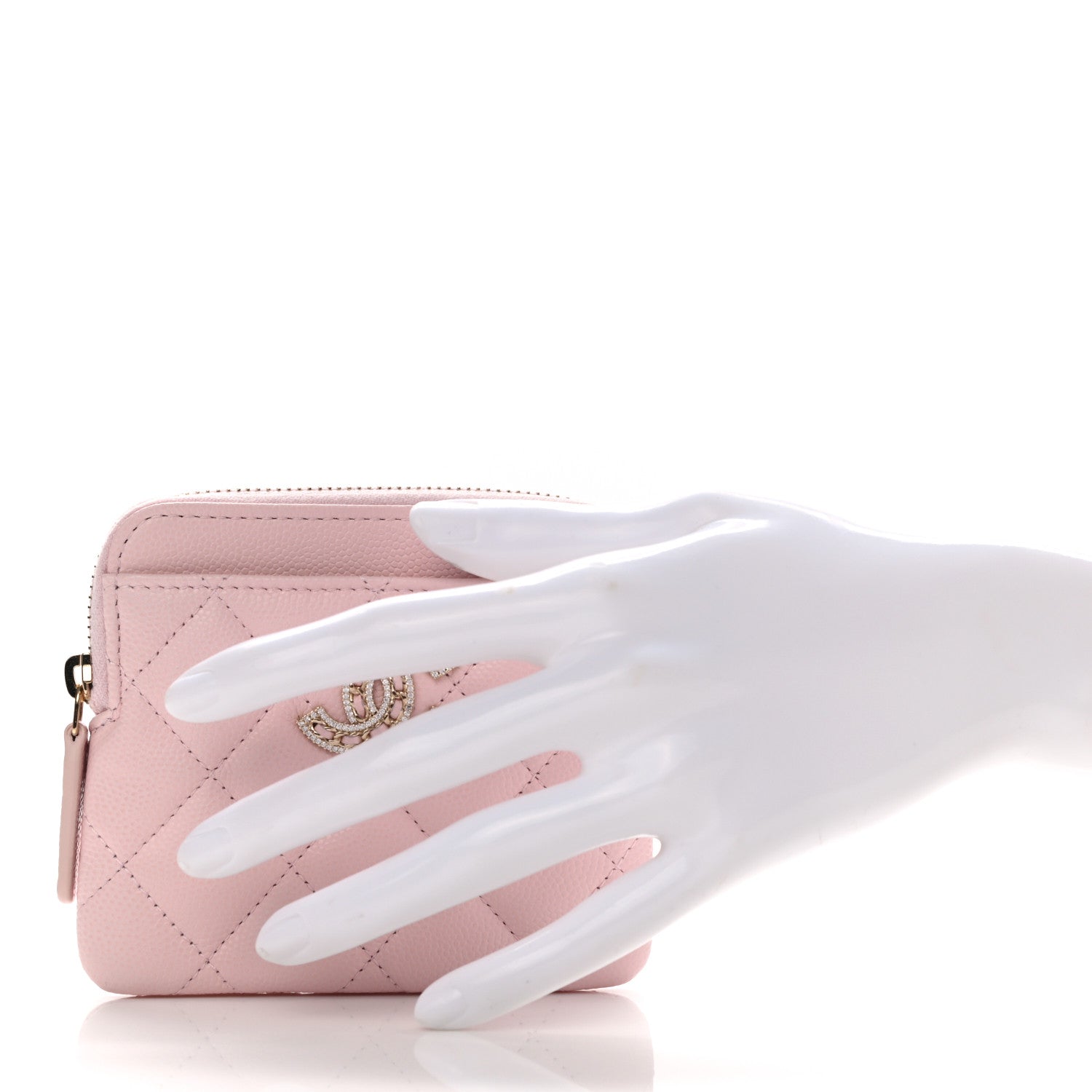 Chanel Caviar Quilted Crystal Zip Card Holder Wallet Light Pink 2 of 8