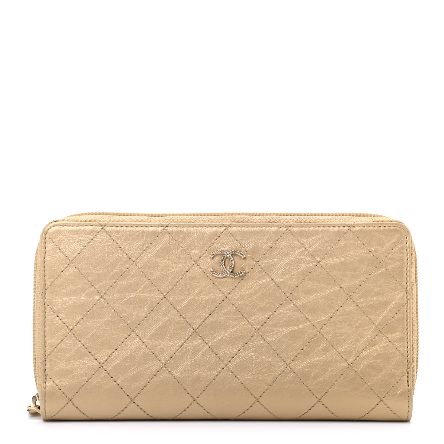 Metallic Aged Calfskin Quilted Palette Gusset Zip Around Wallet Gold