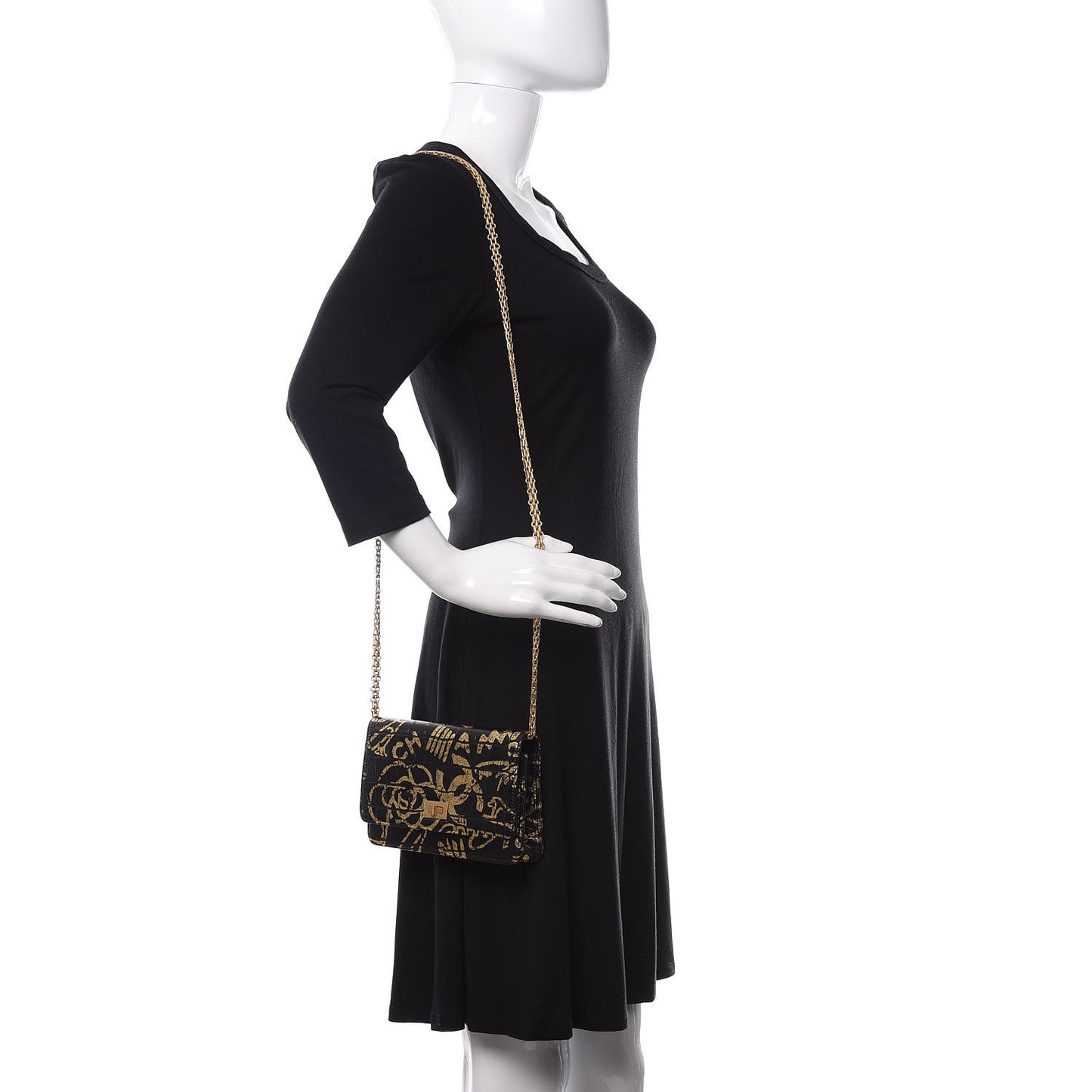 Calfskin Crocodile Embossed Graffiti 2.55 Cocodile Reissue Wallet On Chain WOC Black Gold