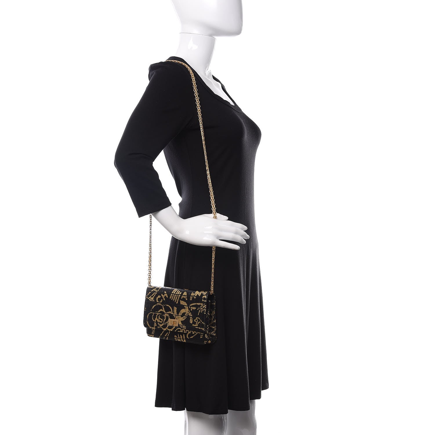 Chanel Calfskin Crocodile Embossed Graffiti 2.55 Cocodile Reissue Wallet On Chain WOC Black Gold 2 of 12