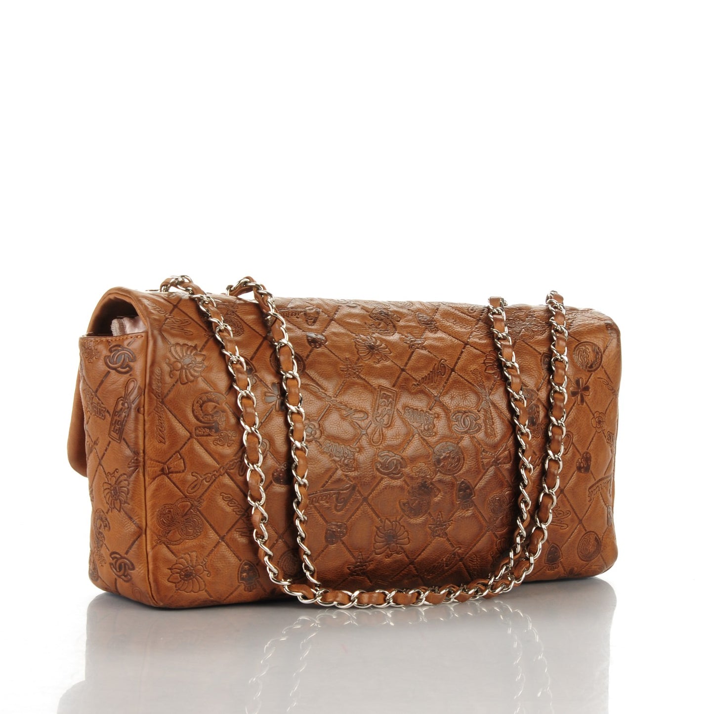Calfskin Embossed Lucky Symbols Large Flap Brown
