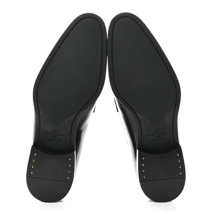 Louis Vuitton Glazed Calfskin Damier Embossed Haussmann Derby Lace Up Shoes 8 Black 5 of 9