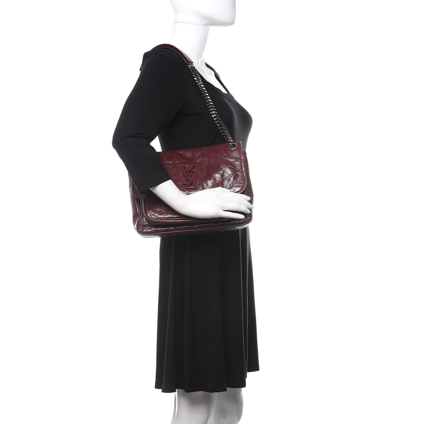 Crinkled Calfskin Matelasse Monogram Medium Niki Chain Satchel Burgundy