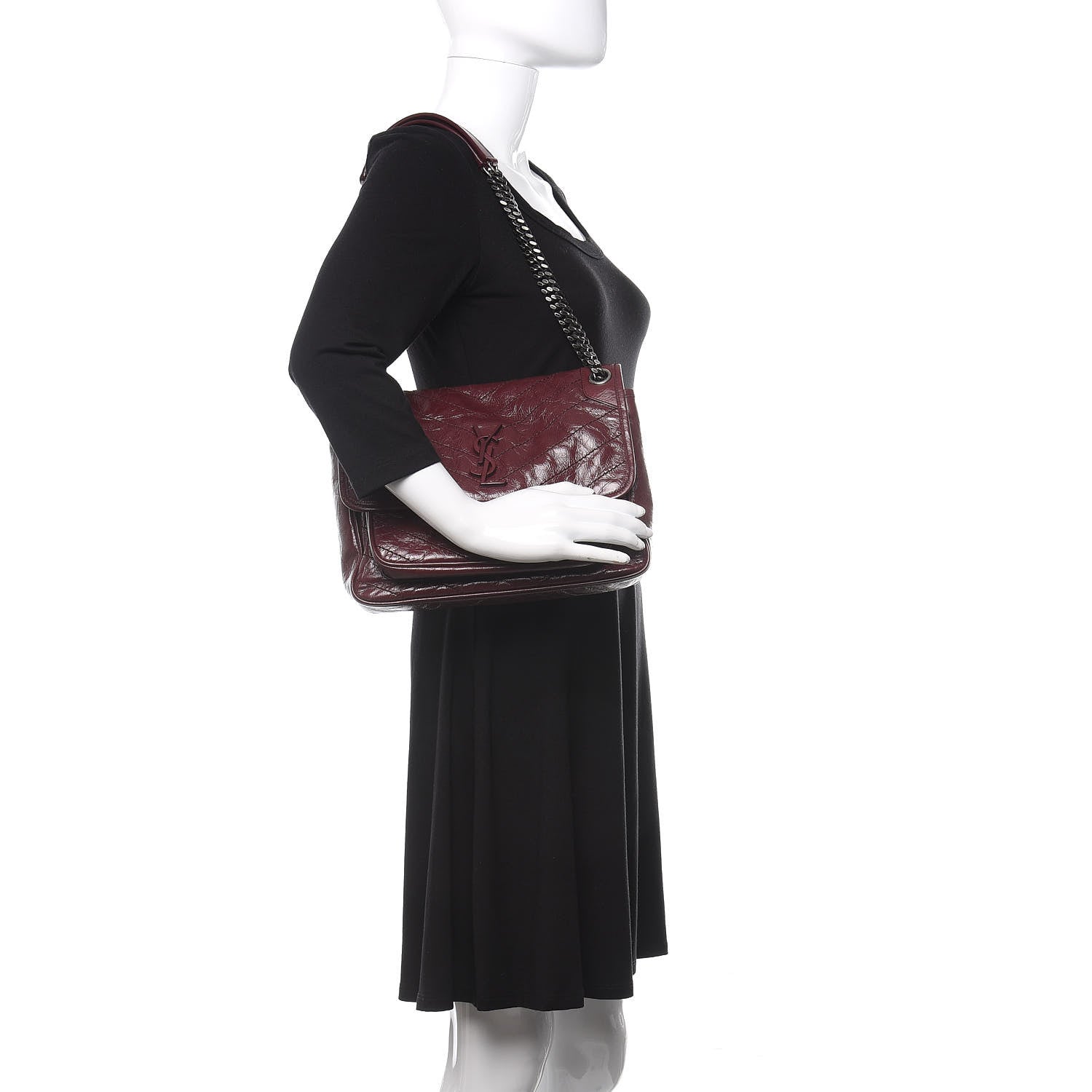Saint Laurent Crinkled Calfskin Matelasse Monogram Medium Niki Chain Satchel Burgundy 2 of 9