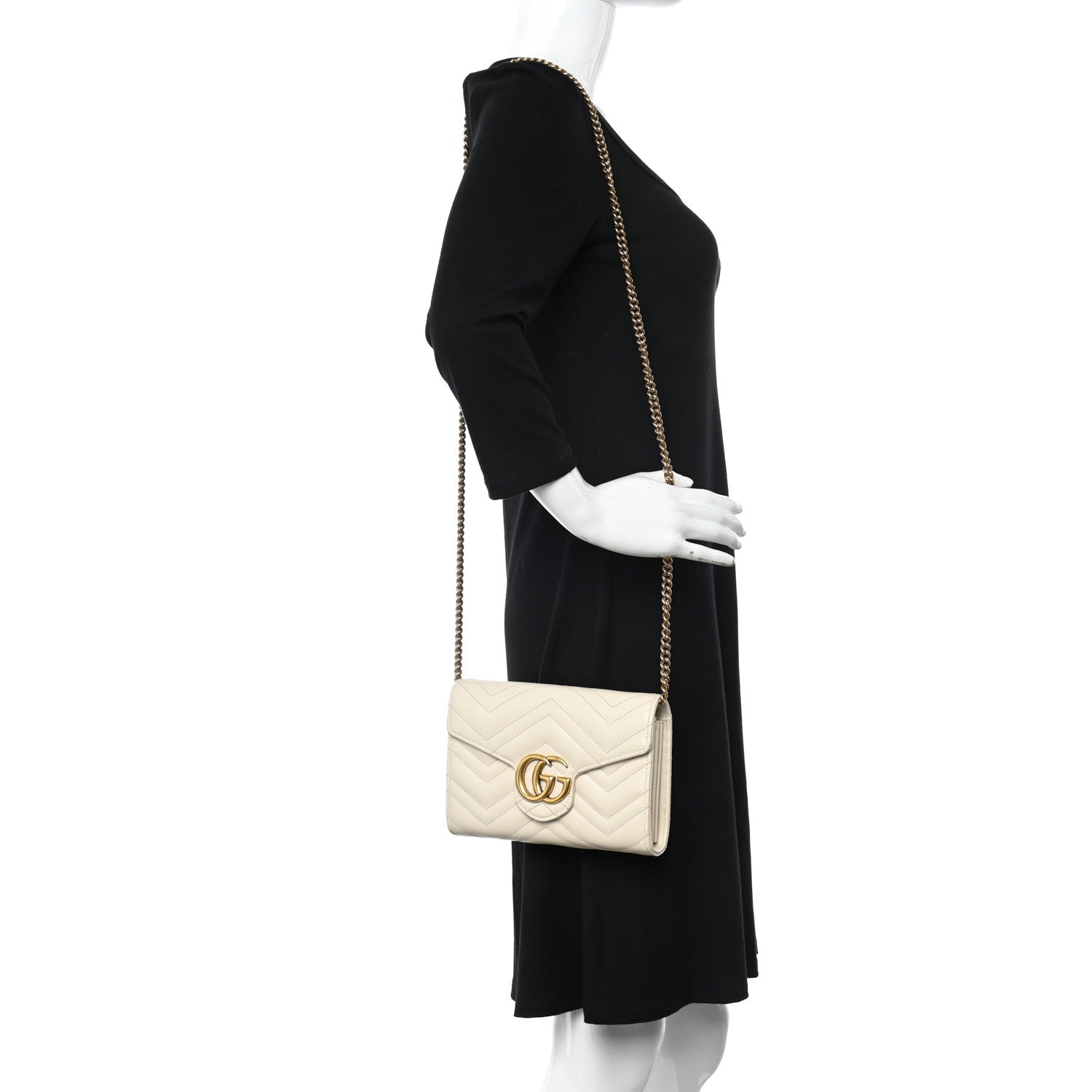 Gucci Calfskin Matelasse Mini GG Marmont Chain Wallet Mystic White 2 of 11