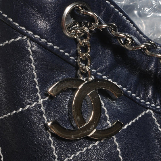 Leather Contrast Stitch Drawstring Tote Navy