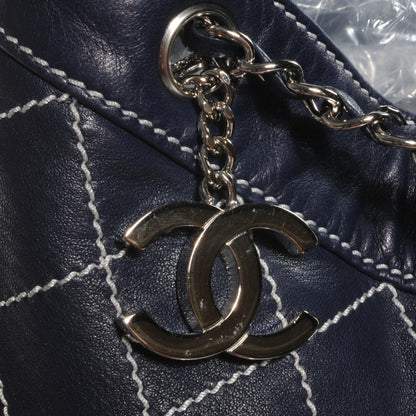 Chanel Leather Contrast Stitch Drawstring Tote Navy 5 of 8