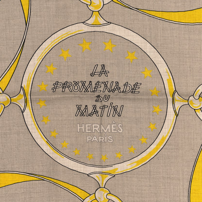 Hermes Cashmere Silk La Promenade du Matin Bandana Shawl 140 Naturel Beige Jaune Vif 2 of 3