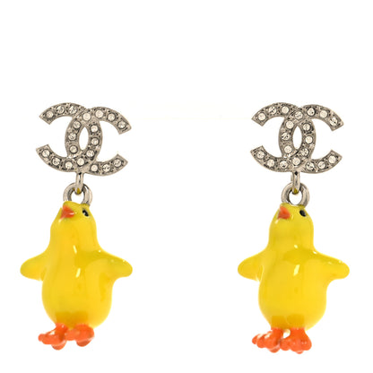 Chanel Metal Resin Strass Crystal CC Baby Chick Pendant Earrings Silver Yellow Orange 1 of 5