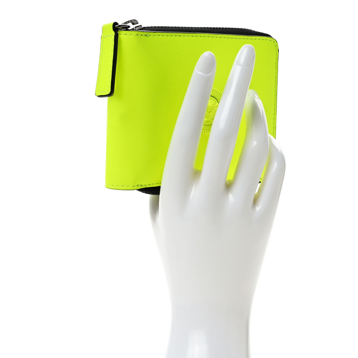 Calfskin Rubber Medusa Biggie Bifold Compact Zip Around Wallet Fluorescent Yellow