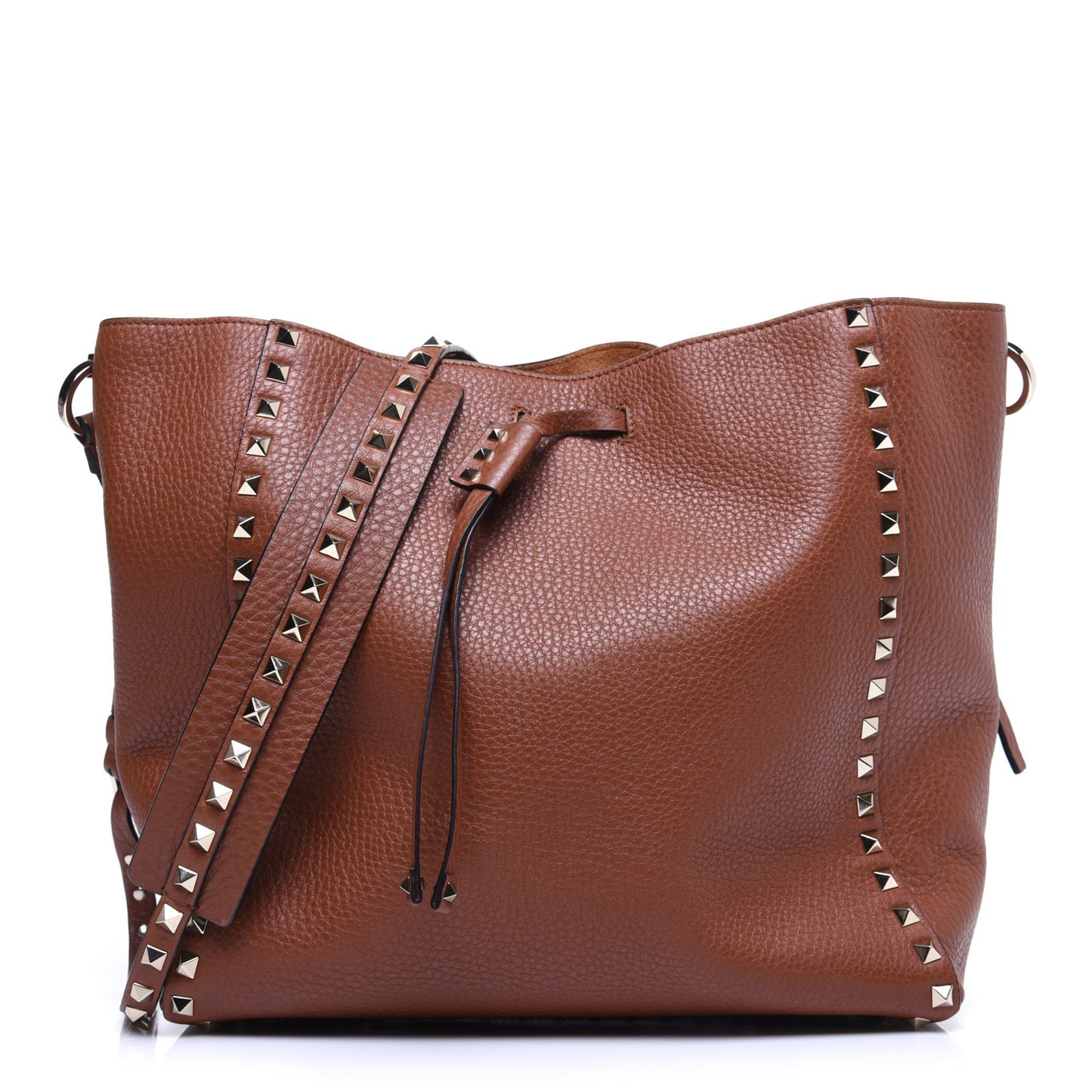 Pebbled Calfskin Rockstud Bucket Bag Saddle Brown