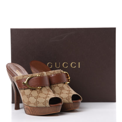 Gucci Monogram Washed Soft Calfskin Platform High Heel Slides 36 Beige Ebony Marrone 12 of 12
