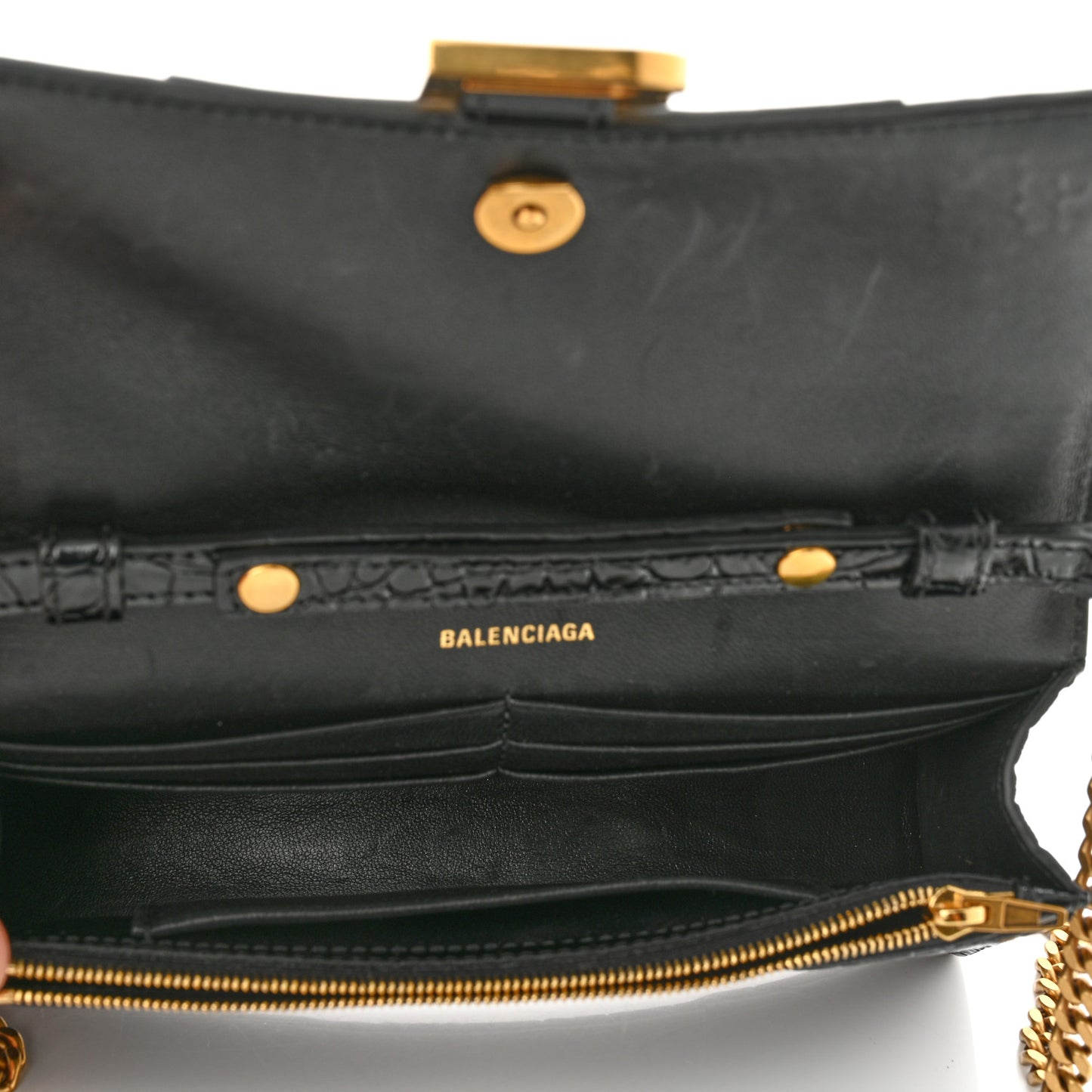 Shiny Calfskin Crocodile Embossed Hourglass Chain Bag Black