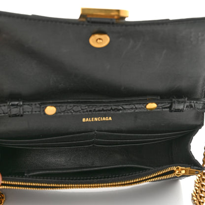 Balenciaga Shiny Calfskin Crocodile Embossed Hourglass Chain Bag Black 4 of 9