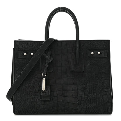 Saint Laurent Crocodile Embossed Suede Small Supple Sac de Jour Black 1 of 18