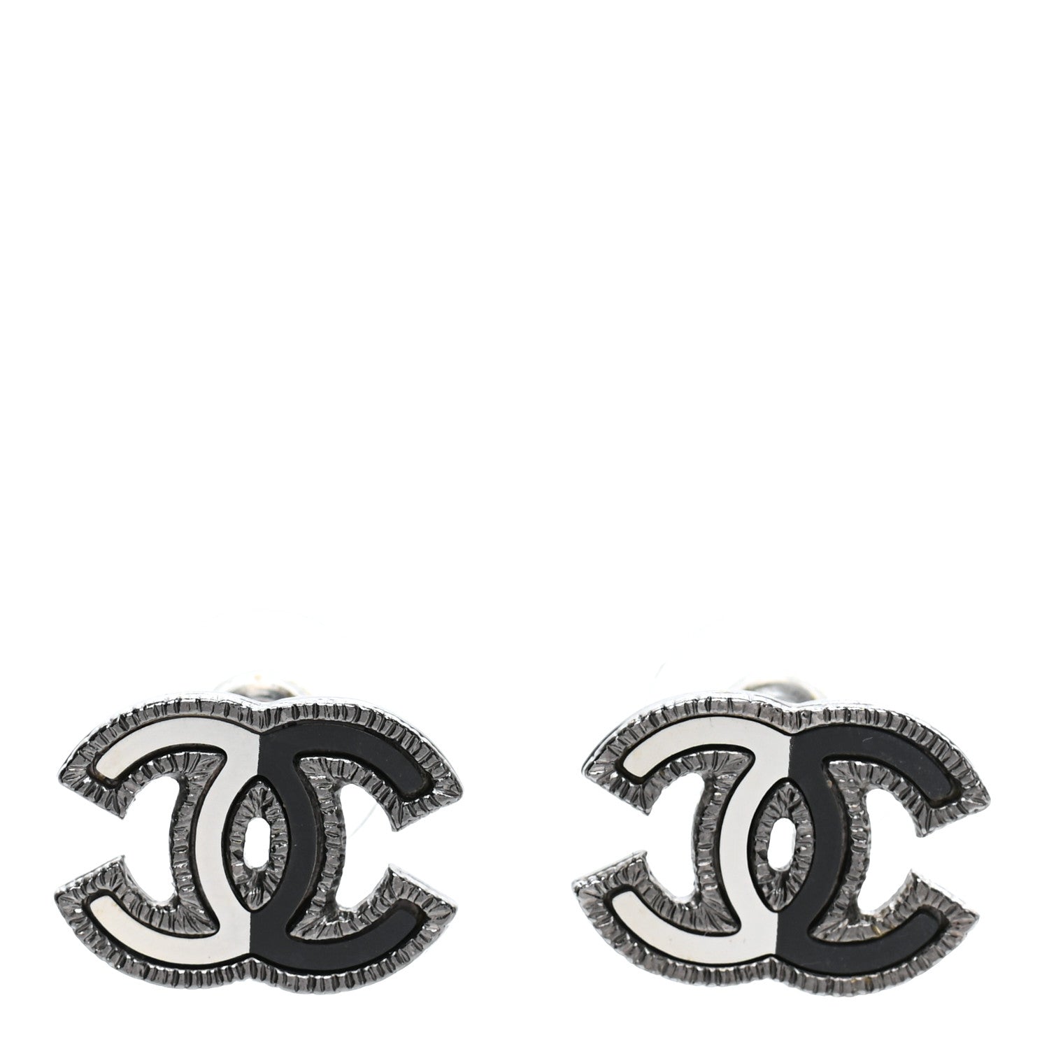 Chanel Enamel CC Earrings Silver Black White 1 of 4