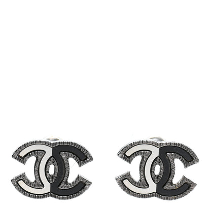 Chanel Enamel CC Earrings Silver Black White 1 of 4