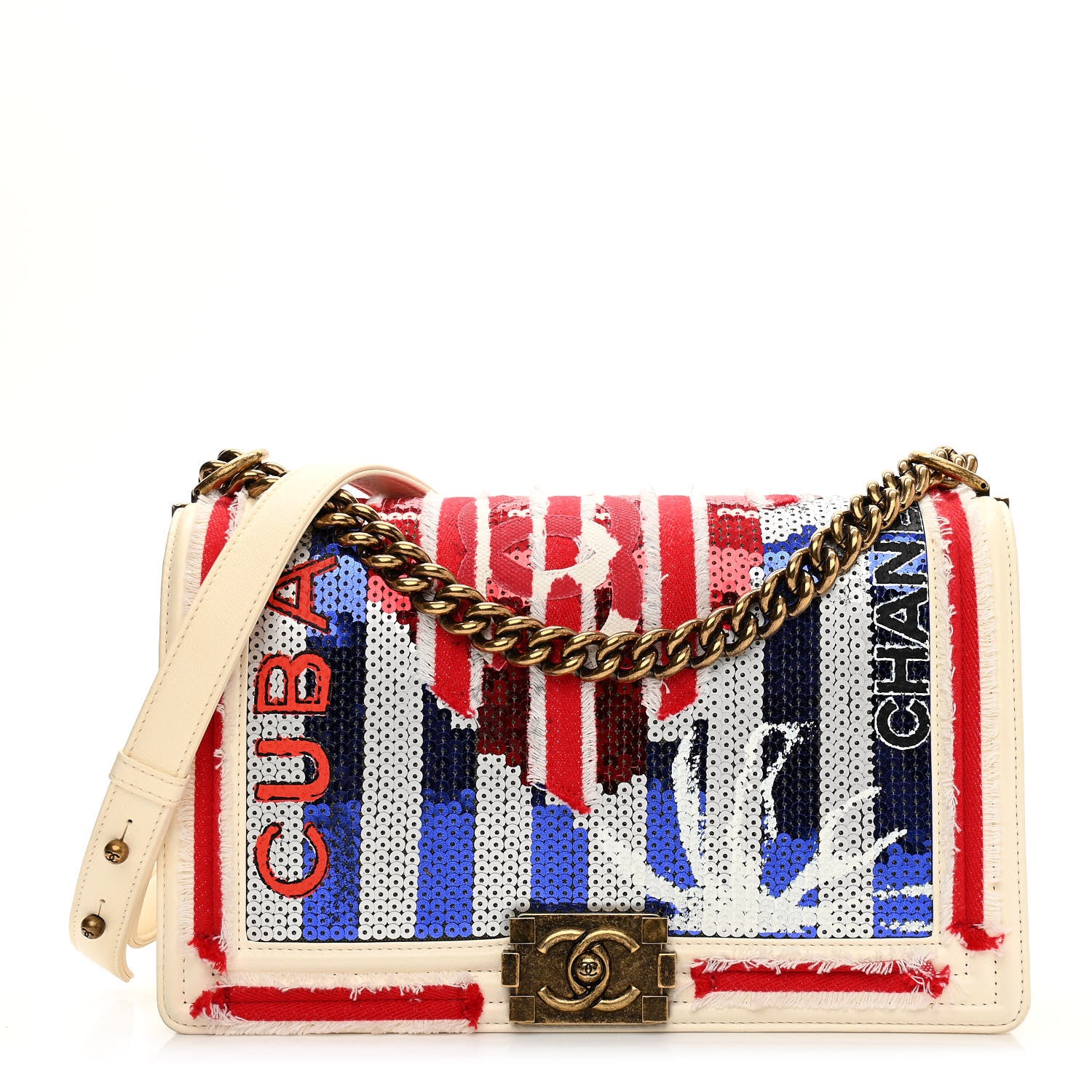 Chanel Sequin Canvas New Medium Cuba Boy Flap White Blue Red 1 of 18