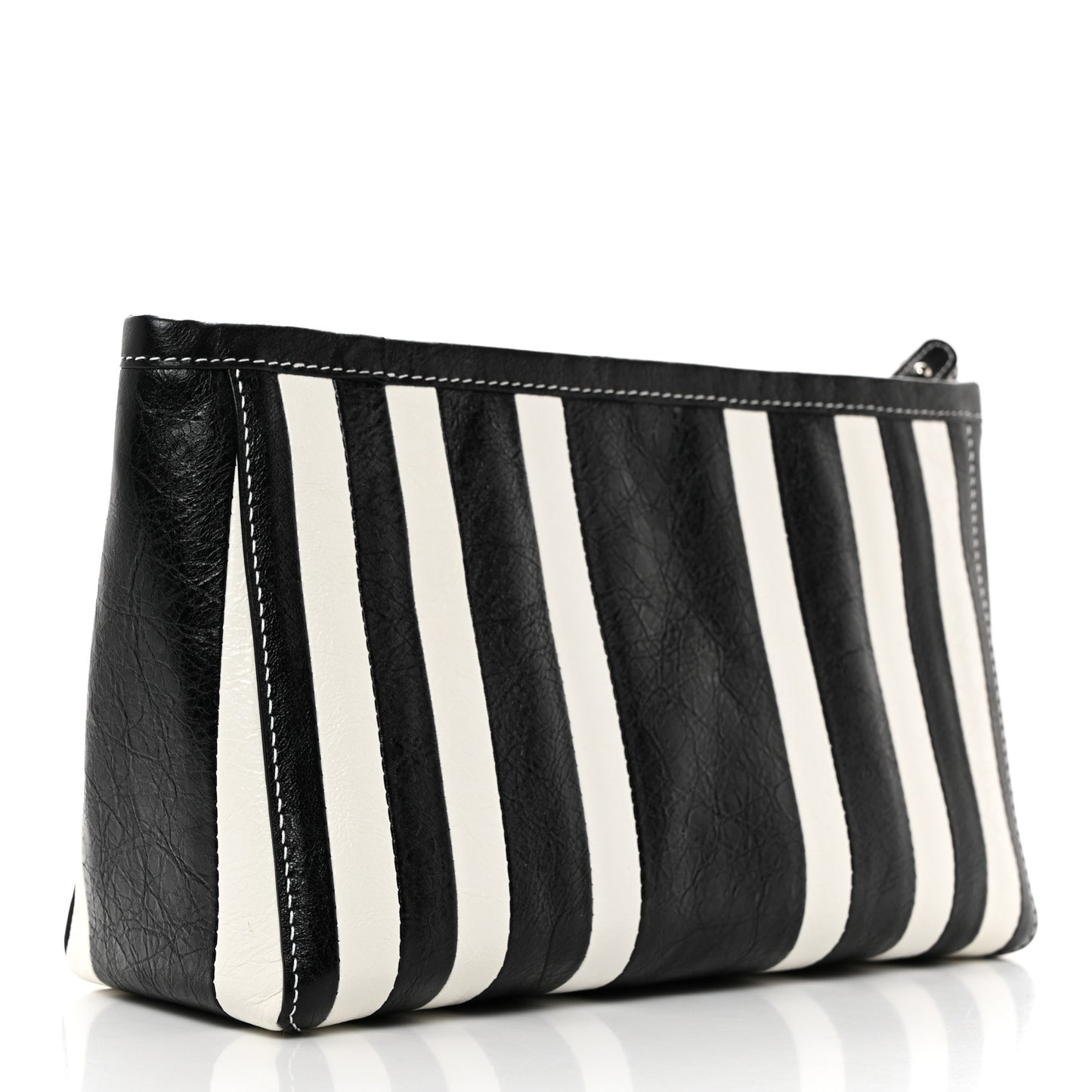 Agneau Arena Striped Patchwork Small Barbes Z Pouch with Handle Black White
