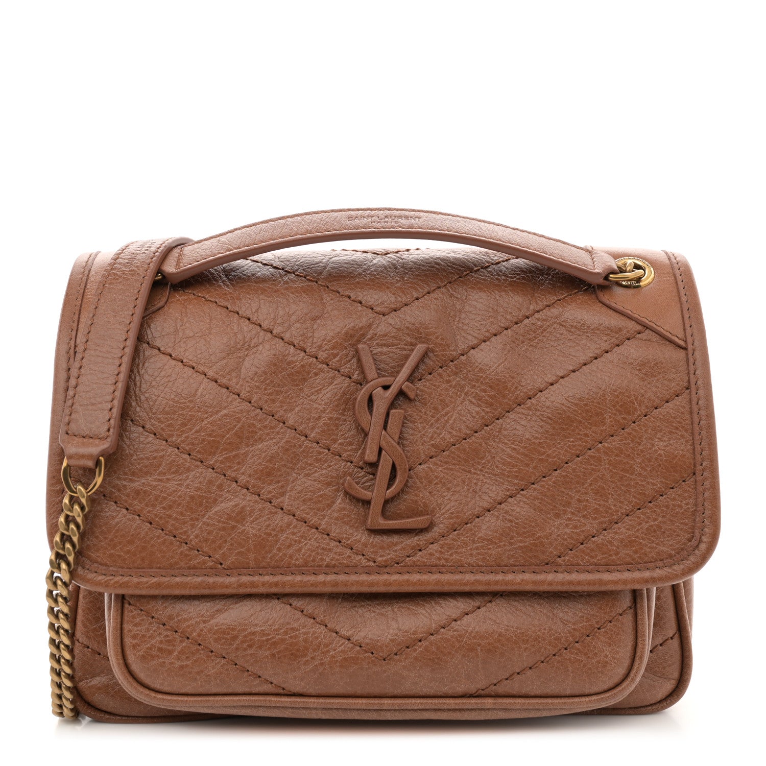 Saint Laurent Crinkled Calfskin Matelasse Monogram Baby Niki Chain Satchel Light Caramel 1 of 11