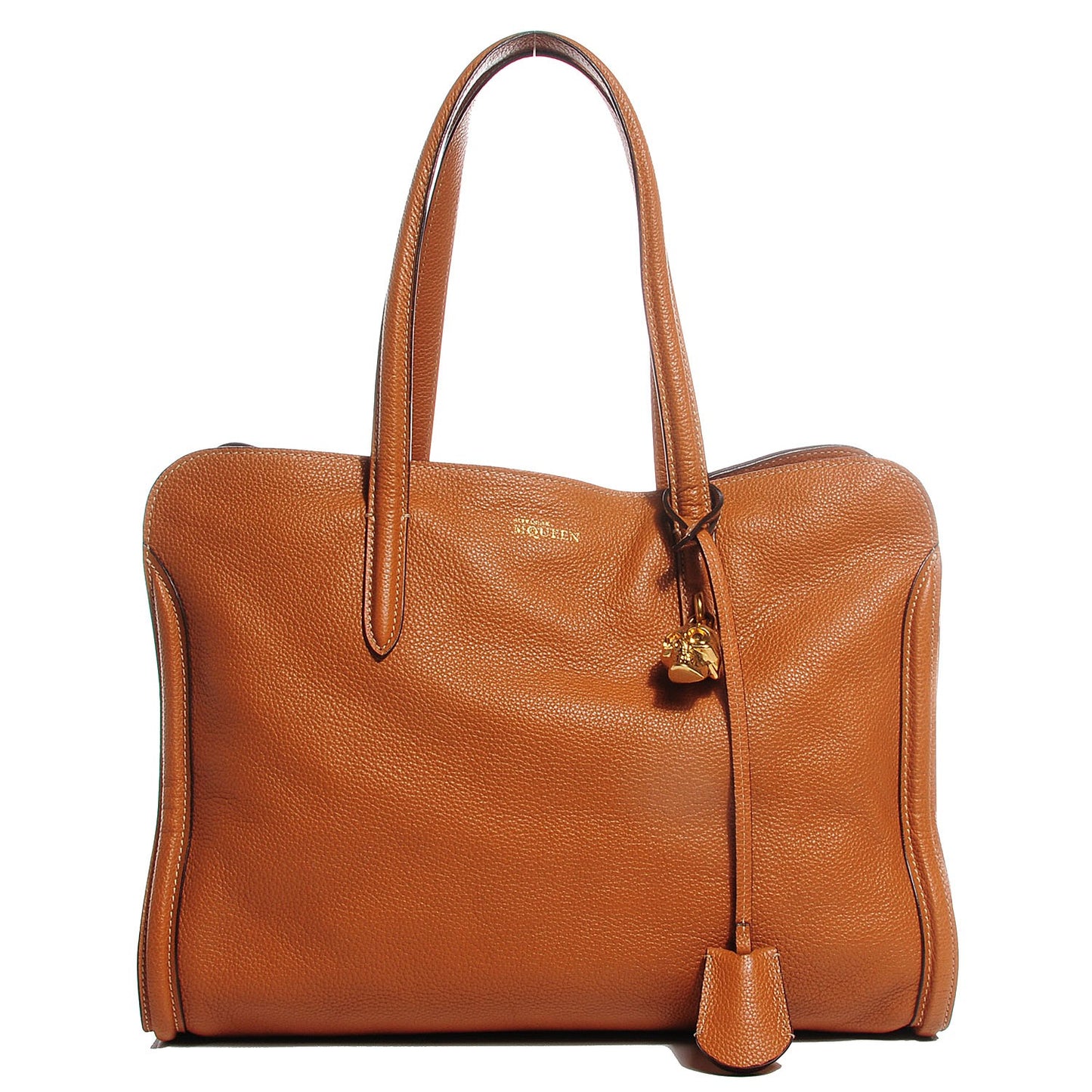 Pebbled Calfskin Large Skull Padlock Zip Around Tote Camel