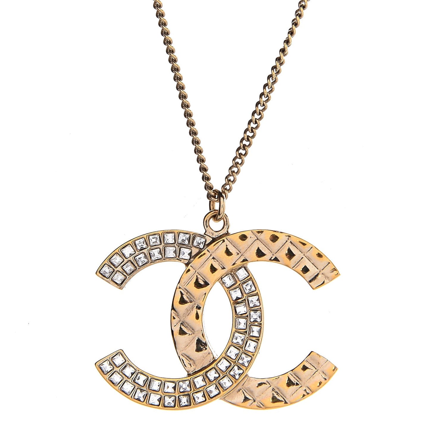 Baguette Crystal Quilted CC Pendant Necklace Gold