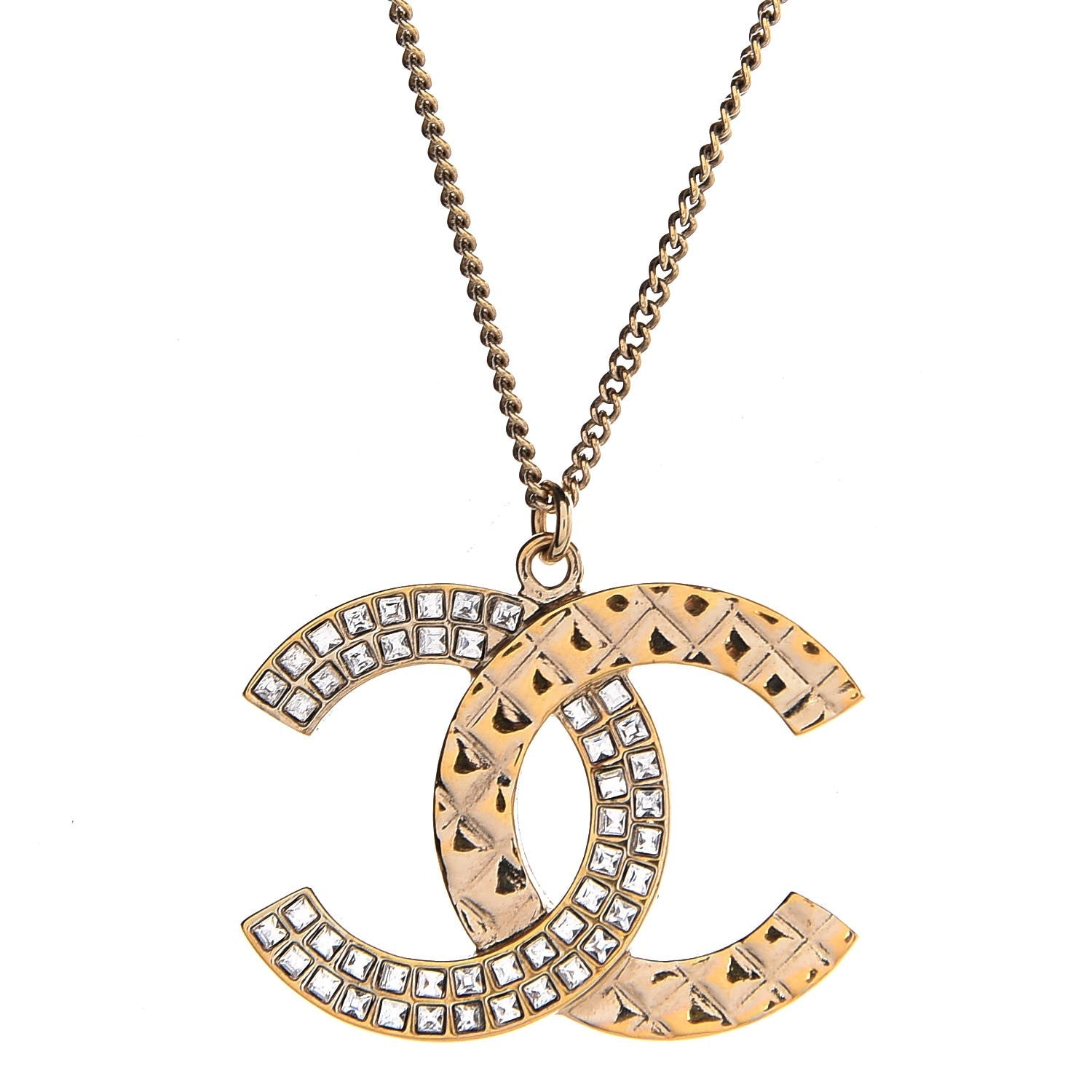 Chanel Baguette Crystal Quilted CC Pendant Necklace Gold 3 of 5