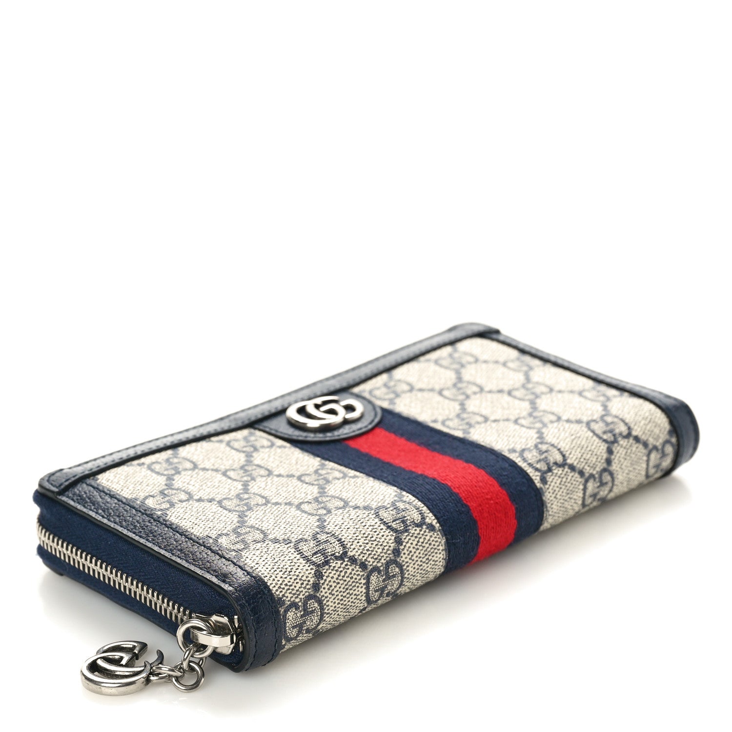 Gucci GG Supreme Monogram Textured Dollar Calfskin Web Ophidia Zip Around Wallet Beige Blue 4 of 7