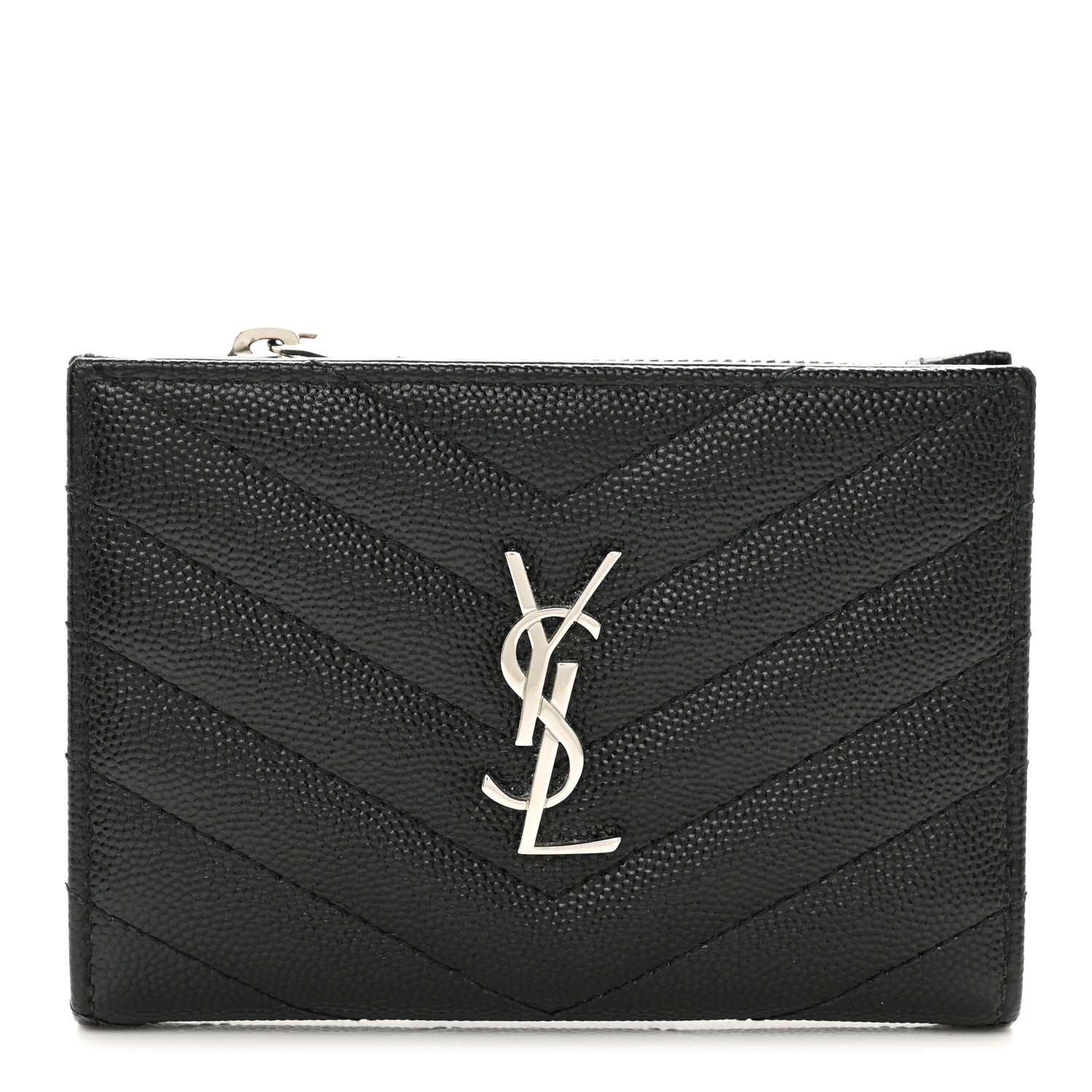 Saint Laurent Grain De Poudre Matelasse Chevron Monogram Zipped Two-Part Wallet Black 1 of 6