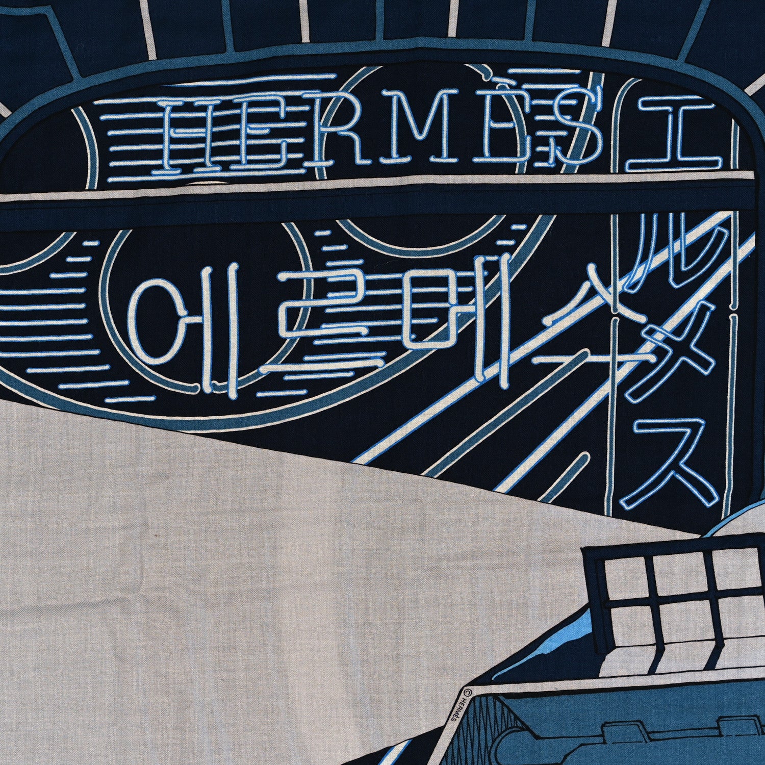 Hermes Silk Cashmere Mysterious Rider Shawl 140 Marine Gris Bleu Grise 4 of 4