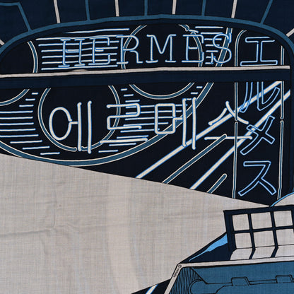 Hermes Silk Cashmere Mysterious Rider Shawl 140 Marine Gris Bleu Grise 4 of 4