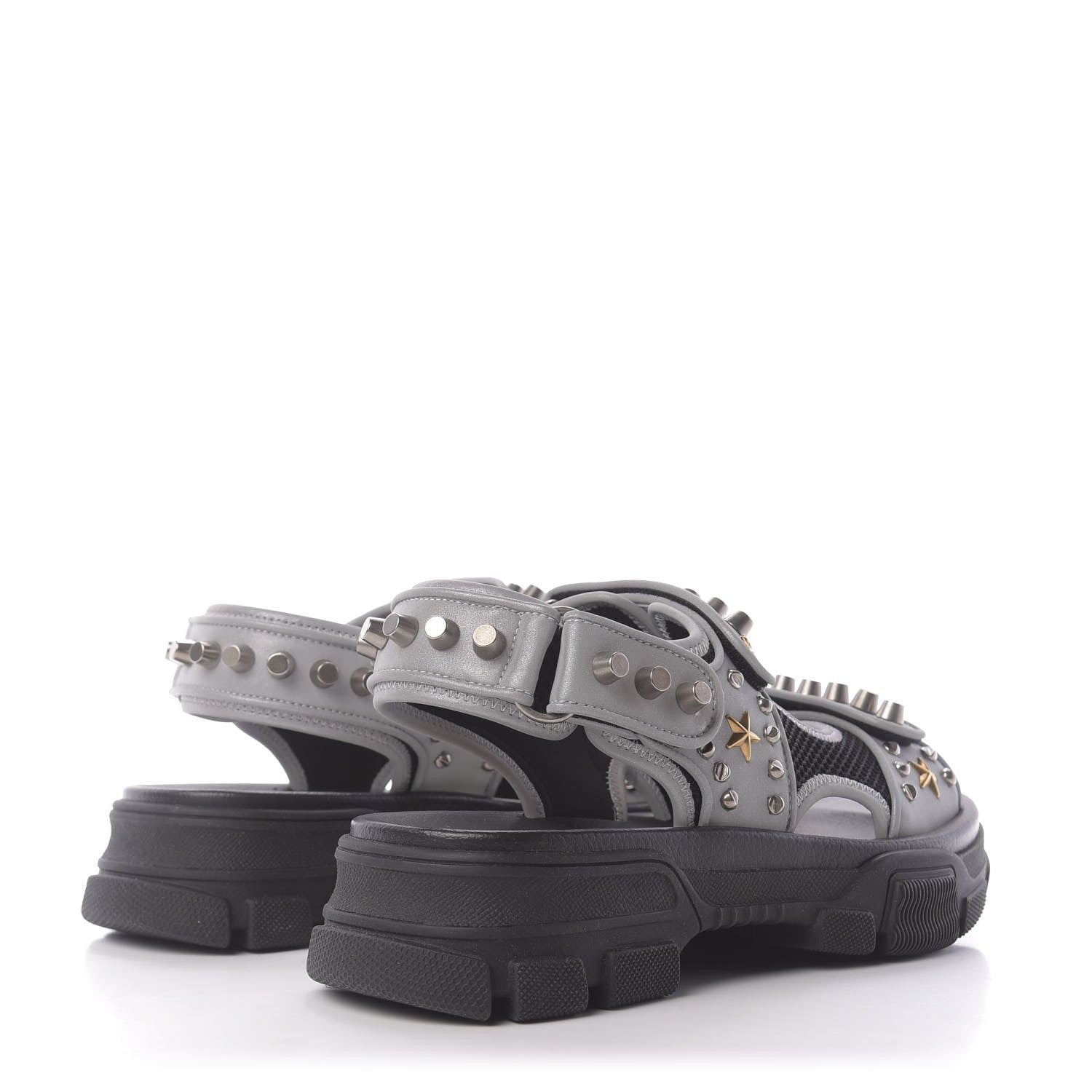 Gucci Technical Canvas Calfskin Reflective Studded Mens Aguru Sandals 6 Silver Black 4 of 9