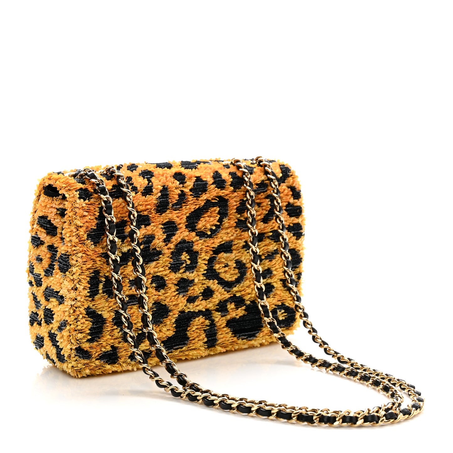 Sequin Mixed Fibers Leopard Print Mini Rectangular Flap Black Orange