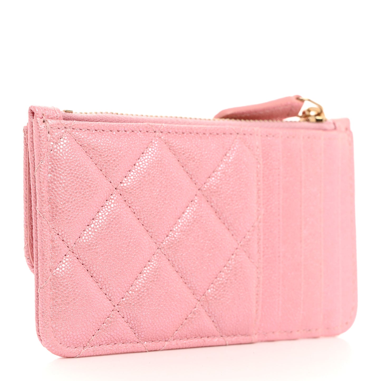 Iridescent Caviar Quilted Flap Zip Card Holder Pink