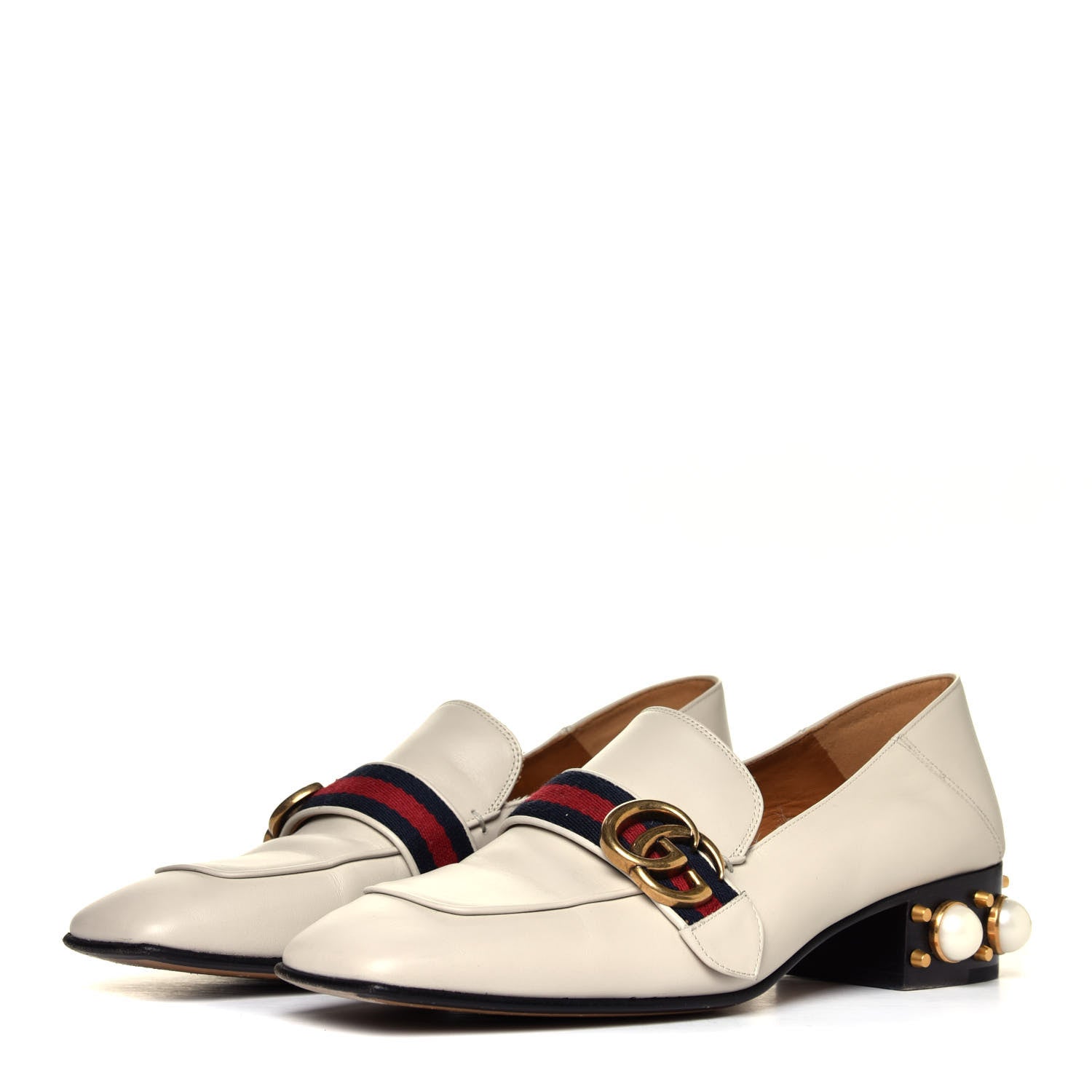 Gucci Betis Glamour Calfskin Web Pearl Embellished Peyton 35mm Loafer Pumps 39 Mystic White 3 of 14