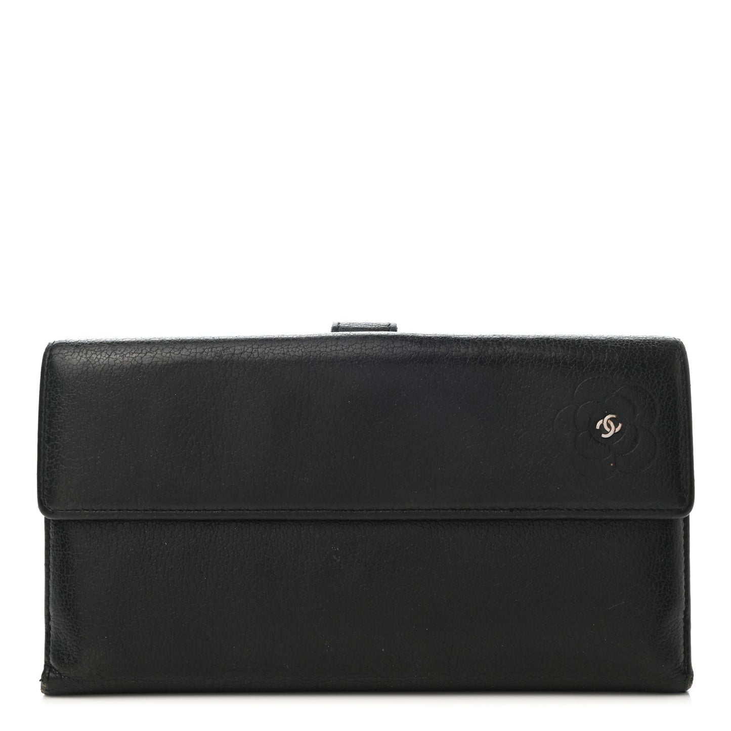 Goatskin Camellia Embossed Flap Wallet Black
