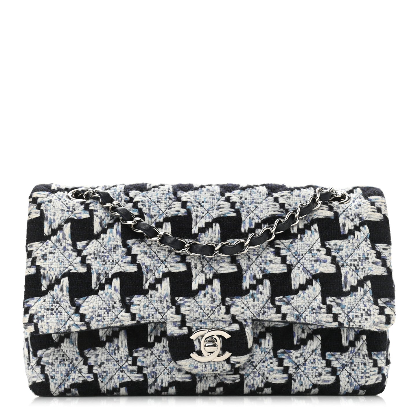 Tweed Quilted Medium Double Flap Black White Light Blue
