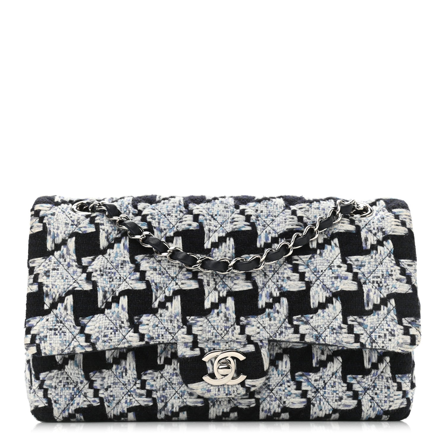 Chanel Tweed Quilted Medium Double Flap Black White Light Blue 1 of 12