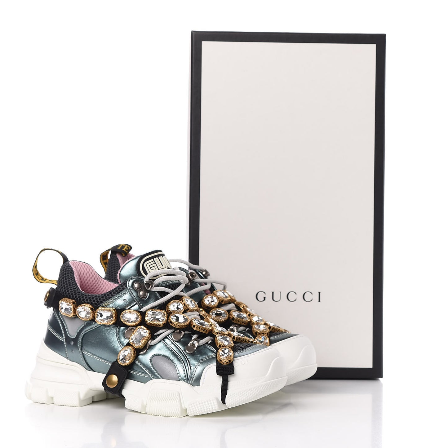 X SEGA Metallic Calfskin Removable Crystals Womens Flashtrek Sneakers 36.5 Lago Loess Silver