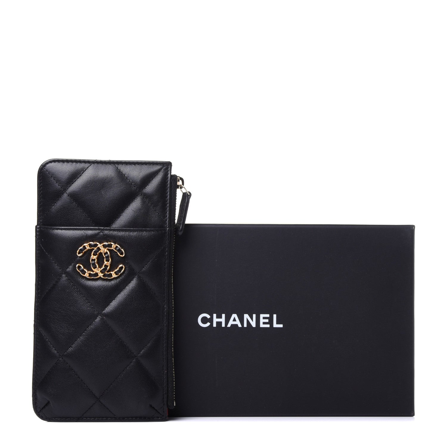 Chanel Goatskin Quilted Chanel 19 Flat Wallet Pouch Black 13 of 13