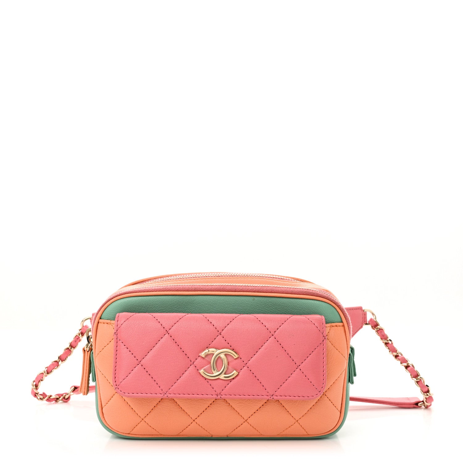 Chanel Goatskin Quilted Tri-Color In & Out Waist Bag Orange Green Pink 1 of 13