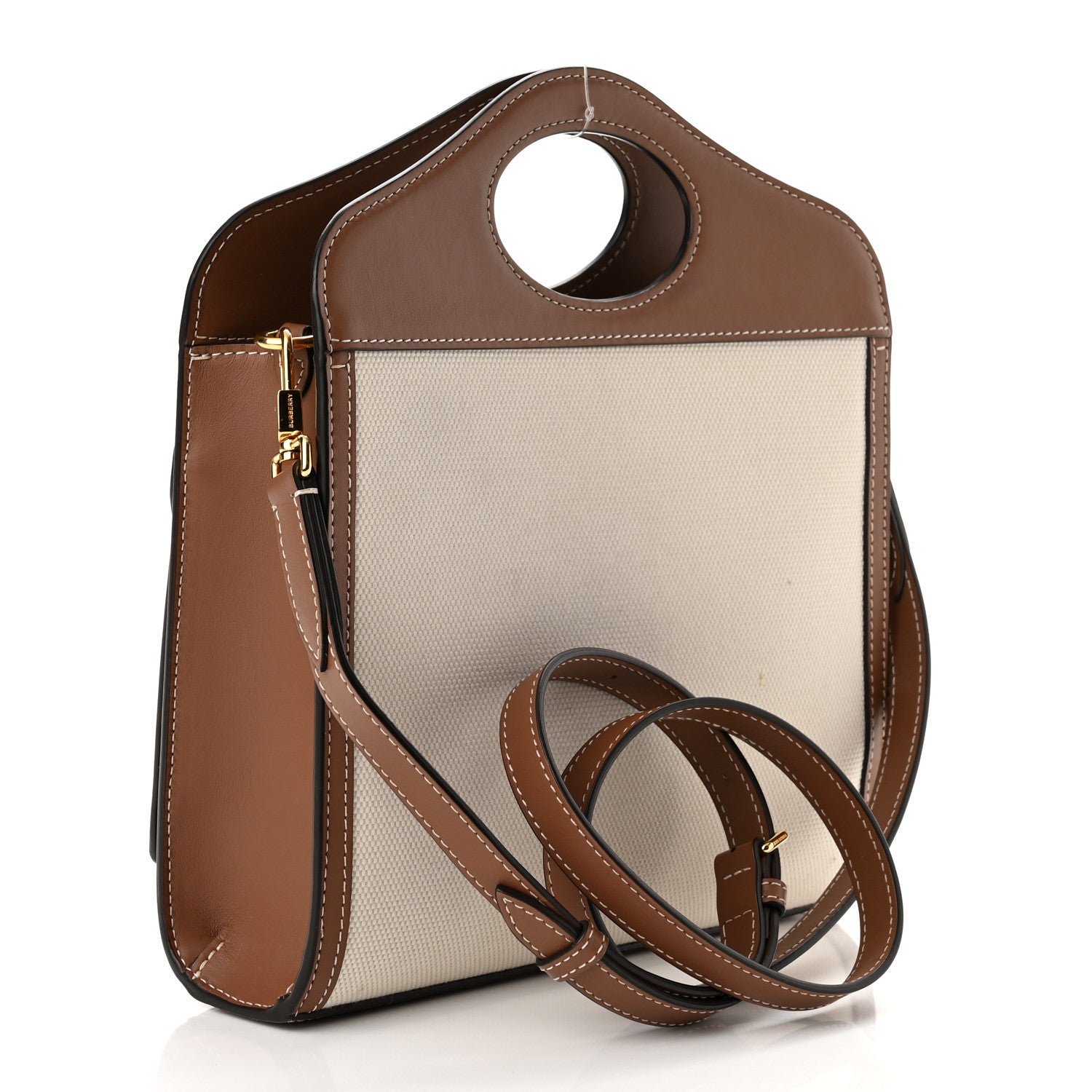 Burberry Canvas Smooth Calfskin Two Tone Mini Pocket Bag Natural Malt Brown 3 of 9