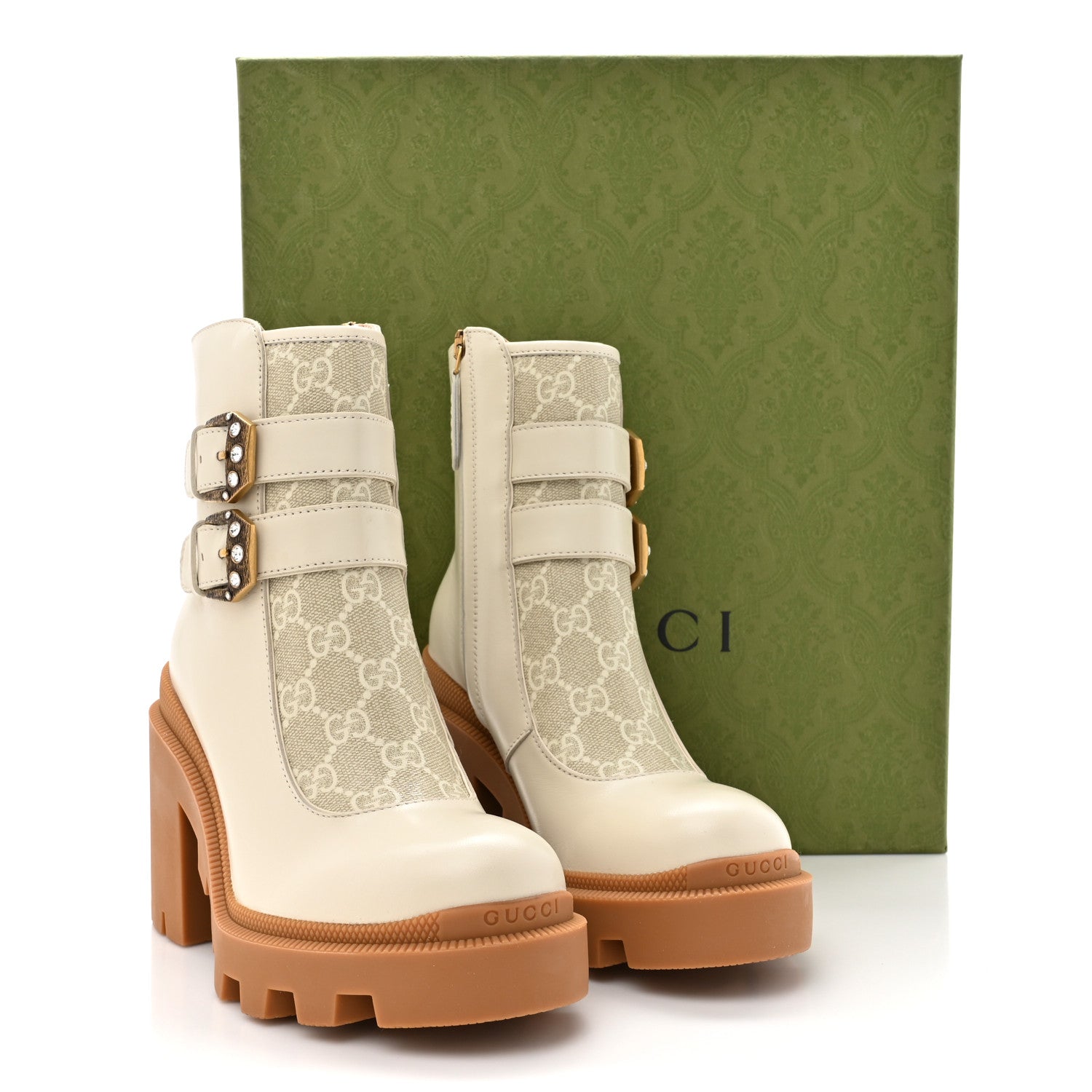 Gucci Kensington Calfskin Nappa GG Supreme Monogram Womens Double Buckle Ankle Boots 35 Mystic White Beige 10 of 10