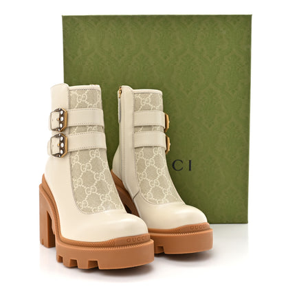 Gucci Kensington Calfskin Nappa GG Supreme Monogram Womens Double Buckle Ankle Boots 35 Mystic White Beige 10 of 10
