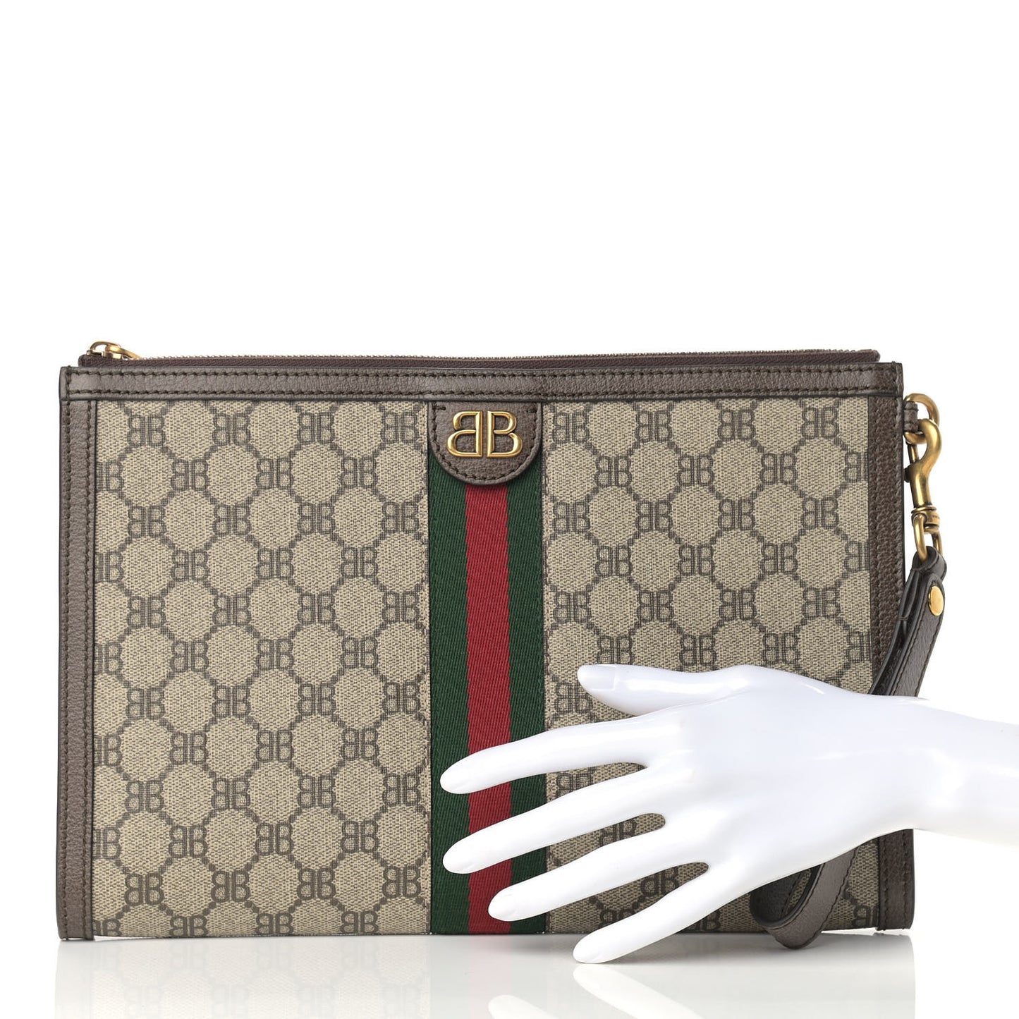 X BALENCIAGA BB Supreme Monogram Web Ophidia Wristlet Beige New Acero